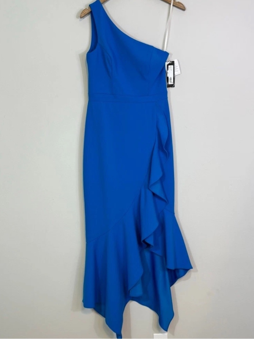 NWT Xscape One-Shoulder Ruffle Column Dress in Bright Blue Size 16 - Picture 4 of 5